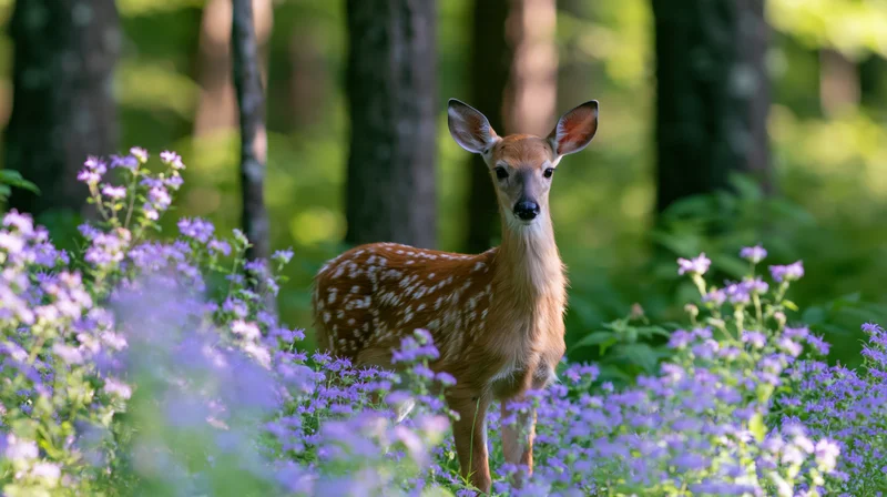 White-tailed fawn standing alert among purple wildflowers in a sunlit forest meadow