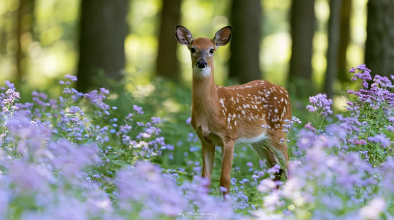 White-tailed fawn standing alert among purple wildflowers in a sunlit forest meadow