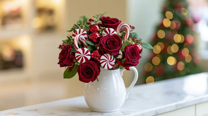 Holiday bouquet of red roses and candy canes in a white ceramic pitcher on a marble countertop with blurred christmas tree in background