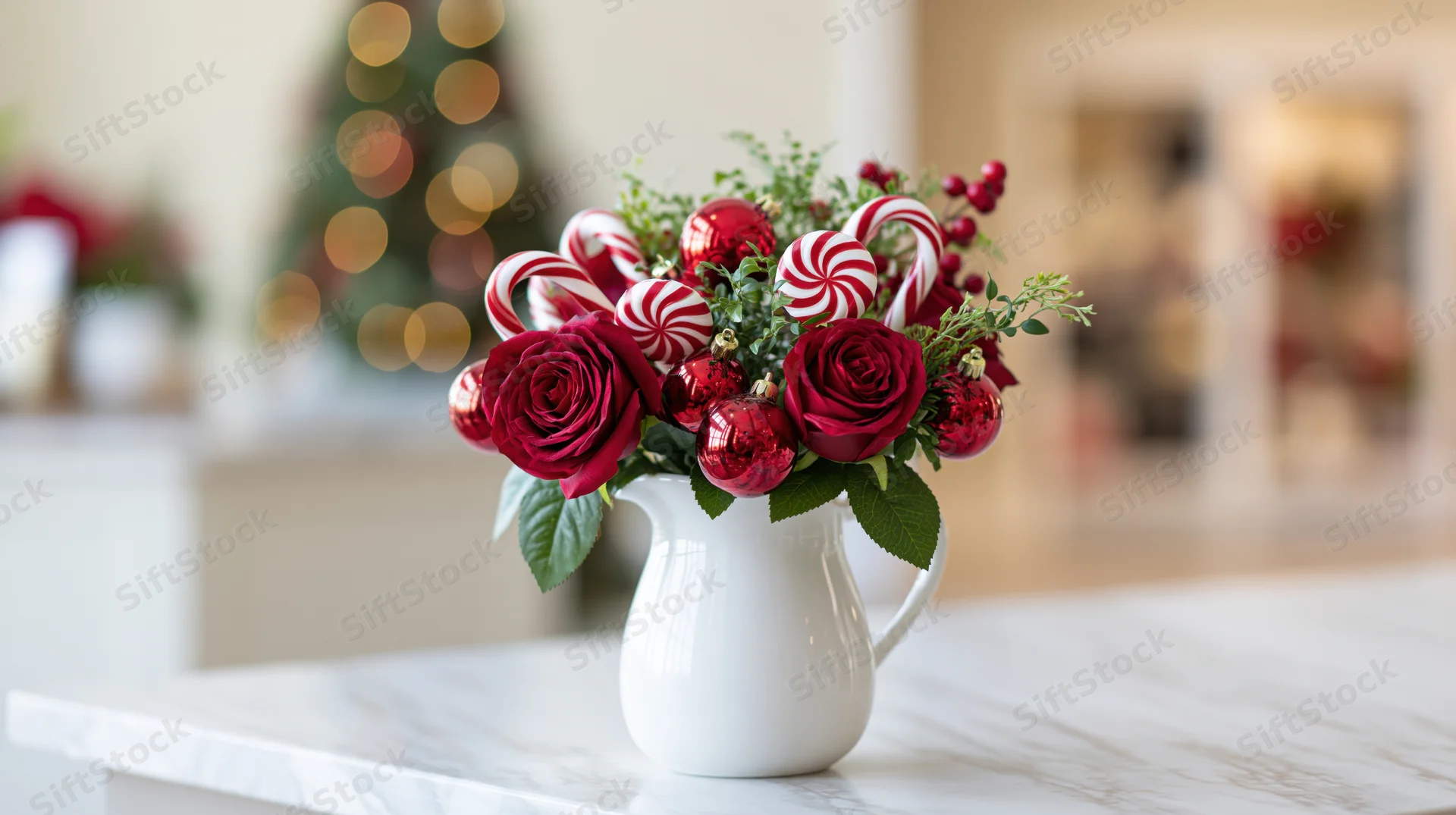 Holiday floral arrangement in white ceramic pitcher on marble table with blurred christmas tree in background