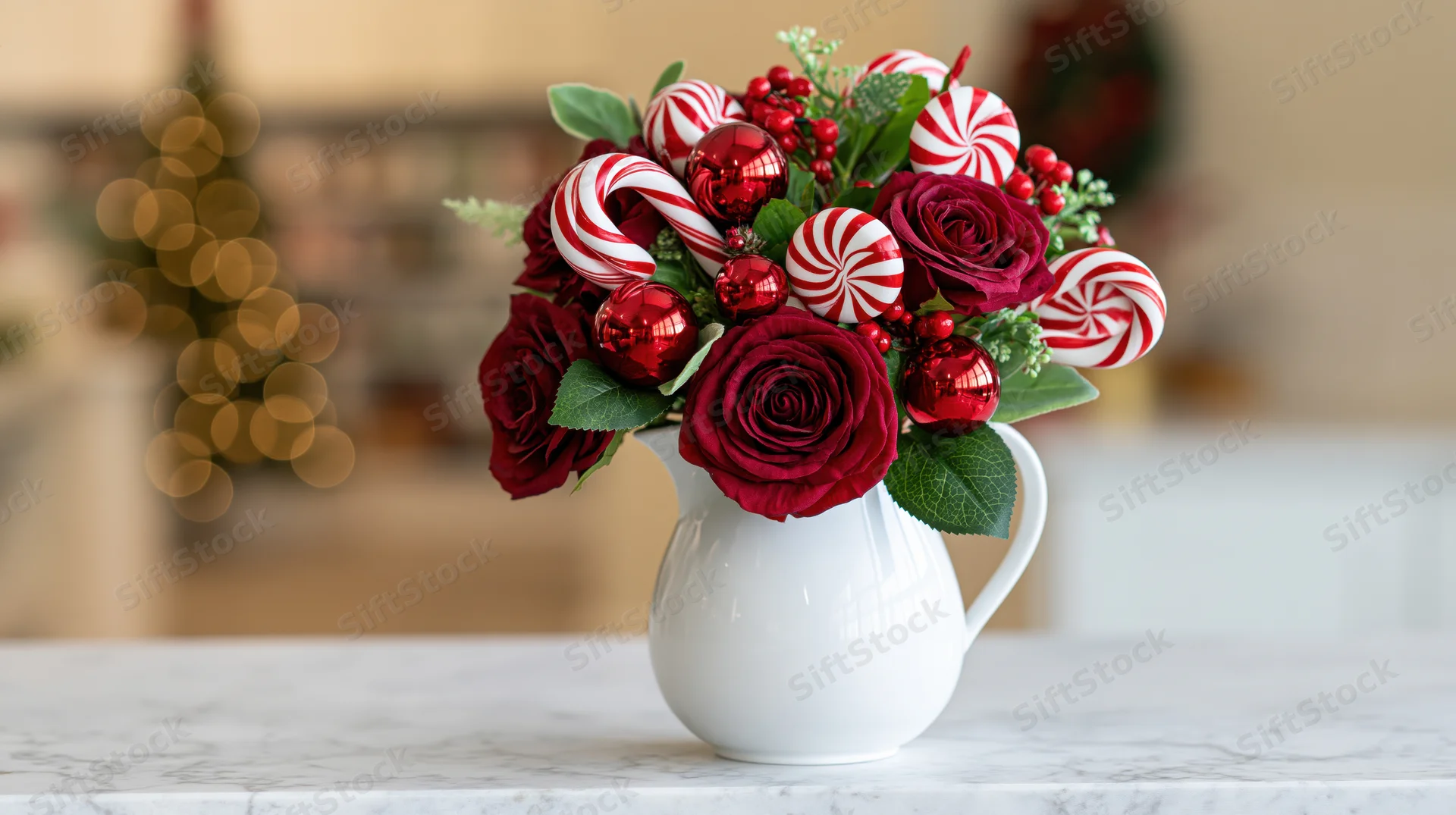 Holiday floral arrangement with red roses, candy canes and ornaments in a white ceramic pitcher on a marble countertop