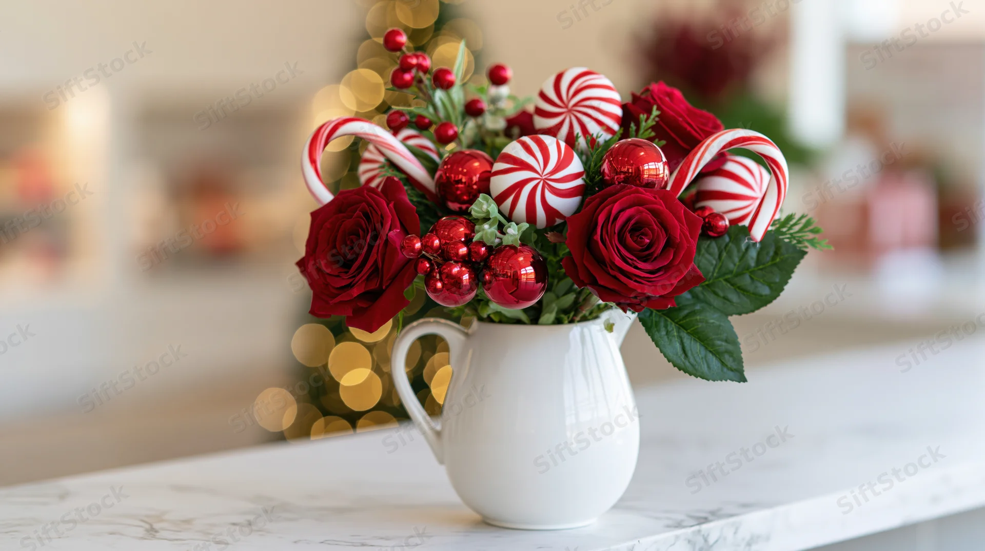 Holiday floral arrangement with red roses and candy canes in a white ceramic pitcher on a marble countertop