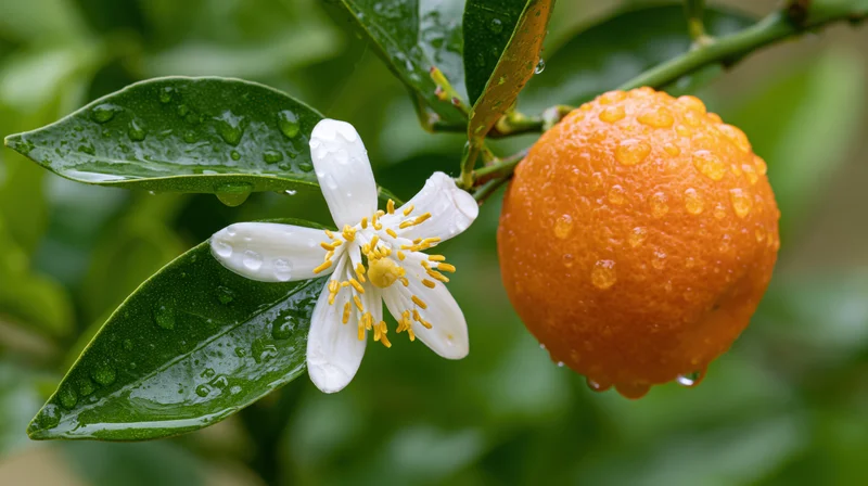 White citrus blossom with yellow stamens beside a ripe orange on a leafy branch