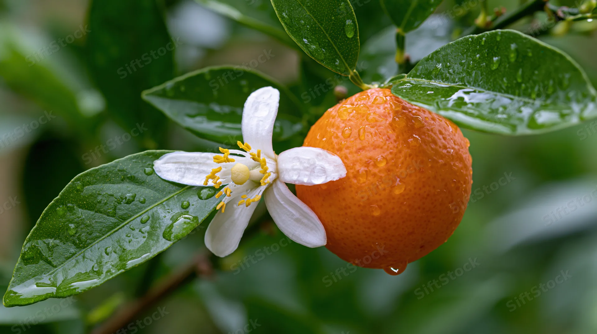 Orange fruit and white citrus blossom with raindrops on green leaves in a garden