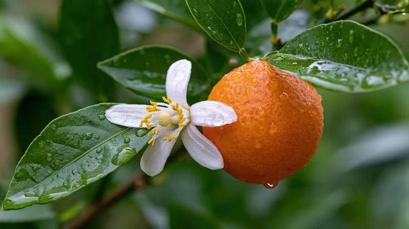 Orange fruit and white citrus blossom with raindrops on green leaves in a garden