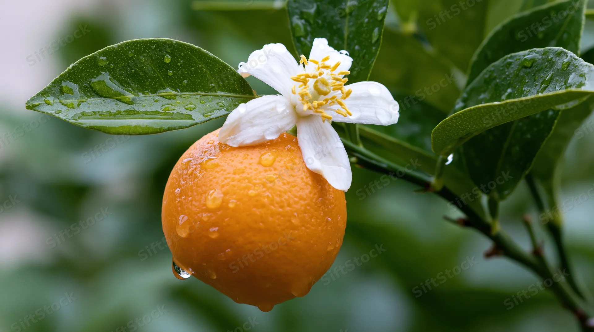 Orange fruit with white blossom and raindrops on a leafy branch