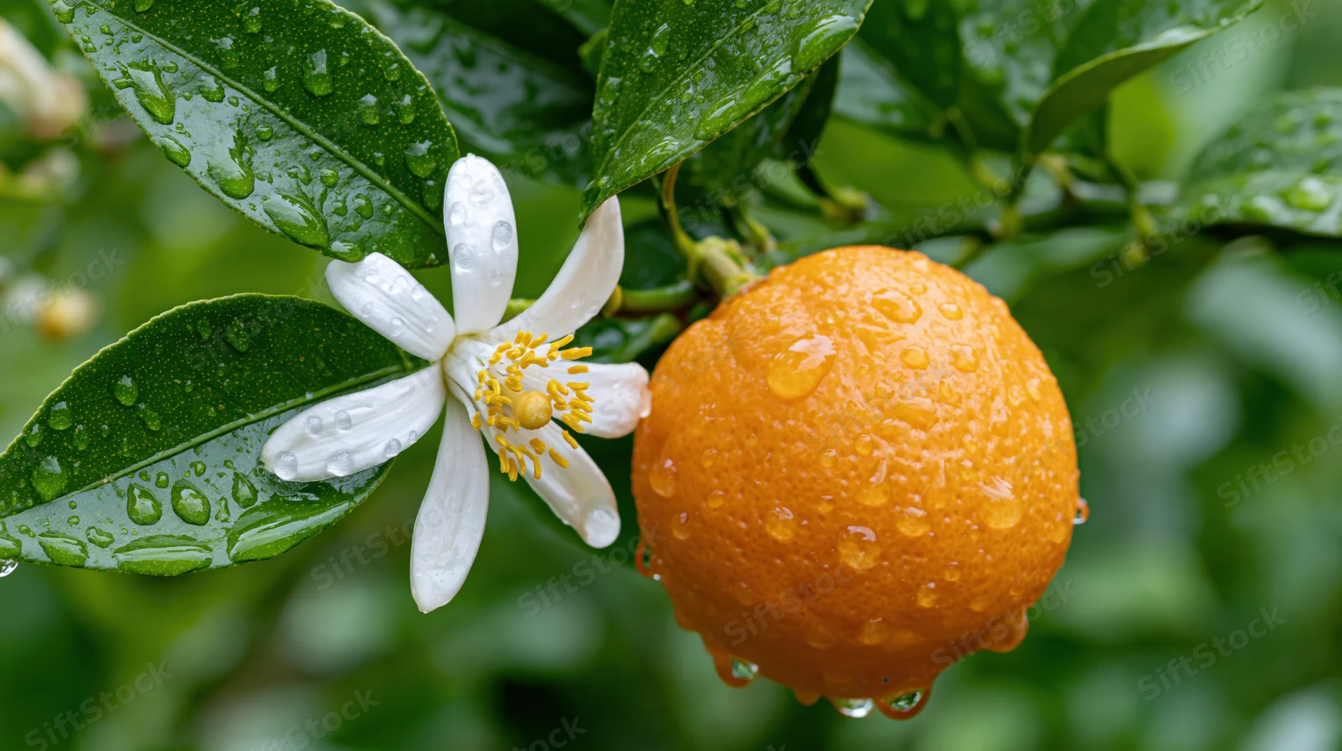 Orange fruit and white citrus blossom with water droplets on green leaves in a garden