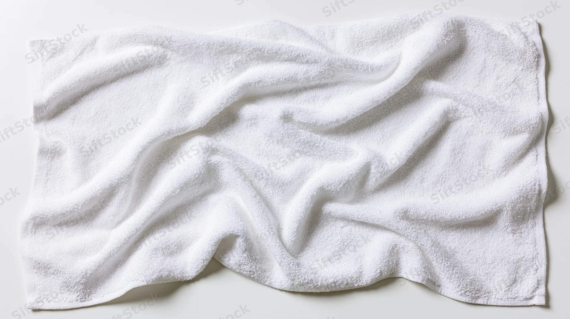 White cotton terry cloth towel laid flat with natural wrinkles on plain surface