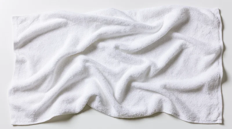 White cotton terry cloth towel laid flat with natural wrinkles on plain surface