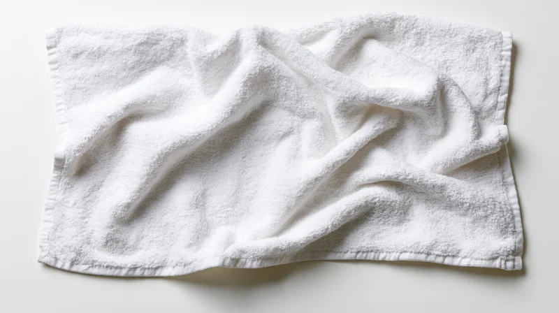 White cotton terry cloth towel laid flat with slight wrinkles on plain surface