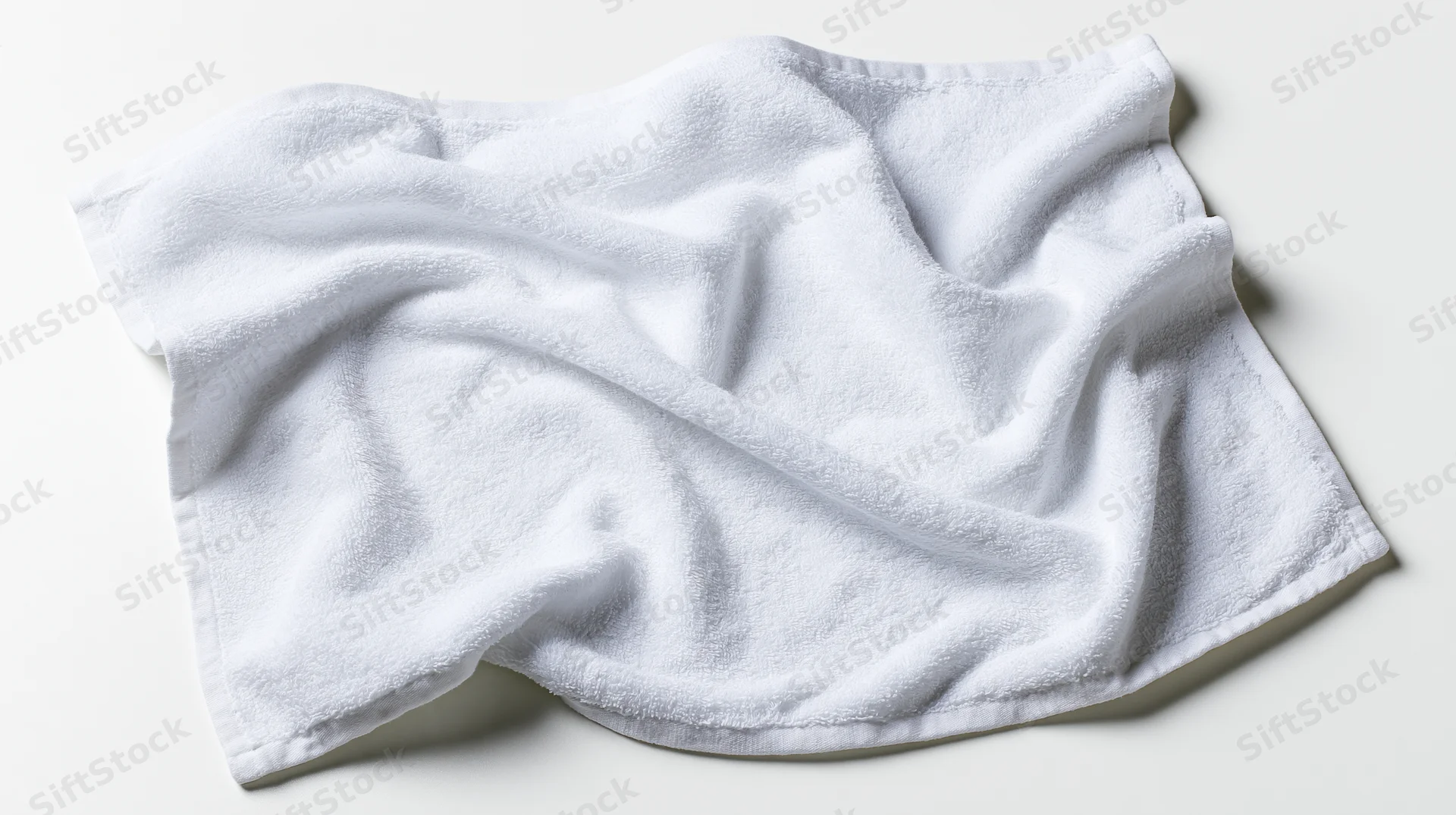 White cotton terry cloth towel laid flat and slightly wrinkled on a plain surface