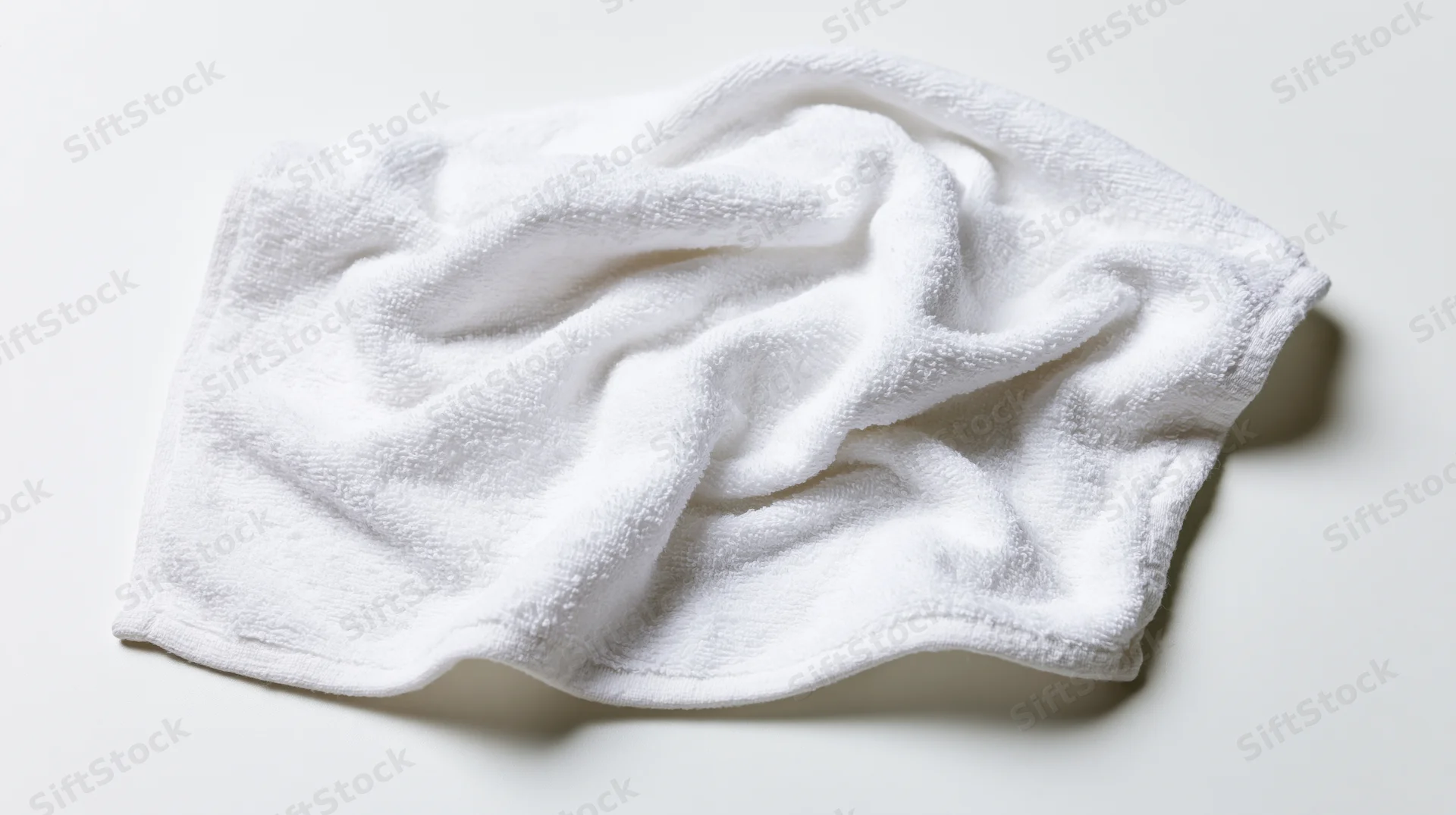 White cotton terry cloth towel laid flat with slight wrinkles on plain surface