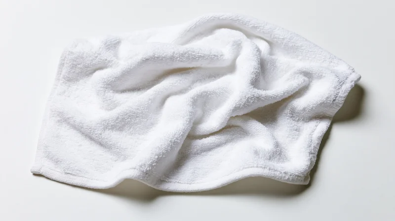 White cotton terry cloth towel laid flat with slight wrinkles on plain surface
