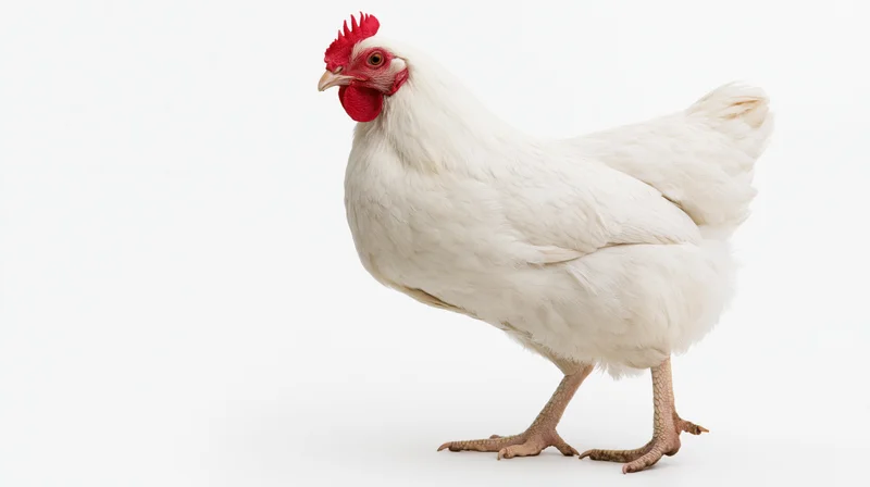 White domestic chicken standing upright in profile against plain white background