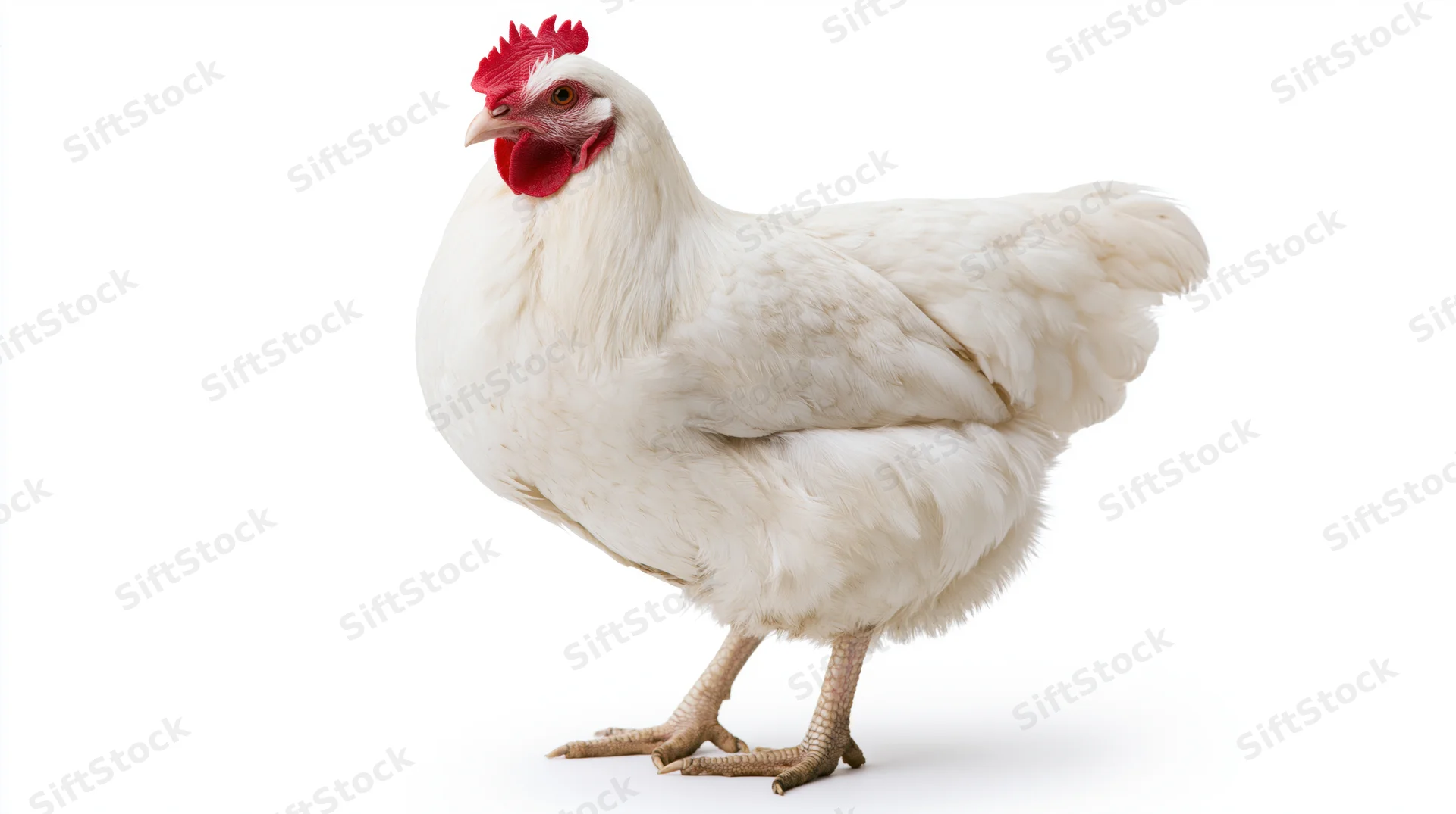 White domestic chicken standing upright in profile against plain white background