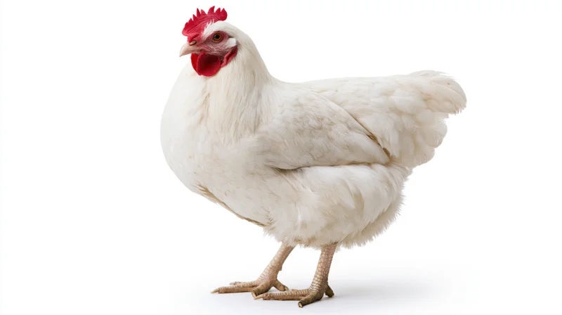 White domestic chicken standing upright in profile against plain white background