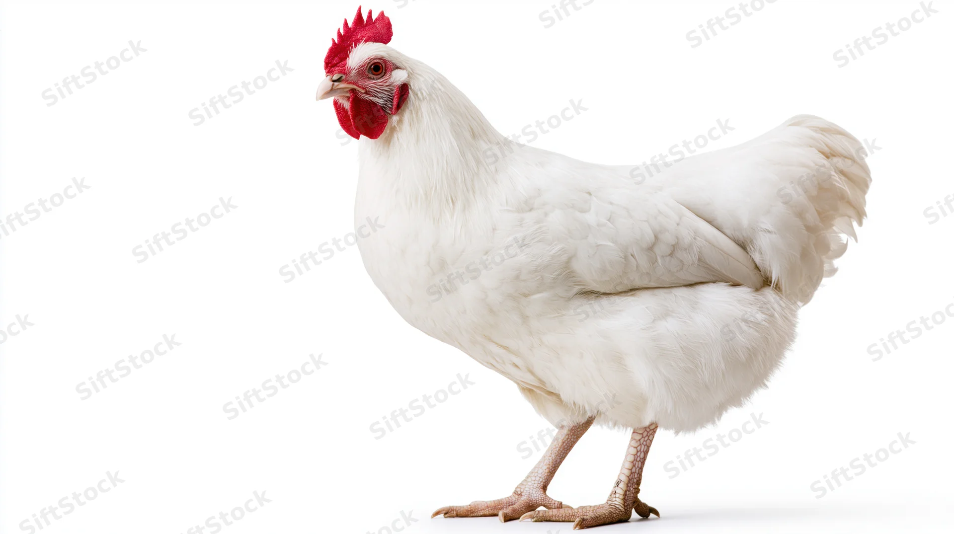 White domestic chicken standing upright facing slightly left on plain white background