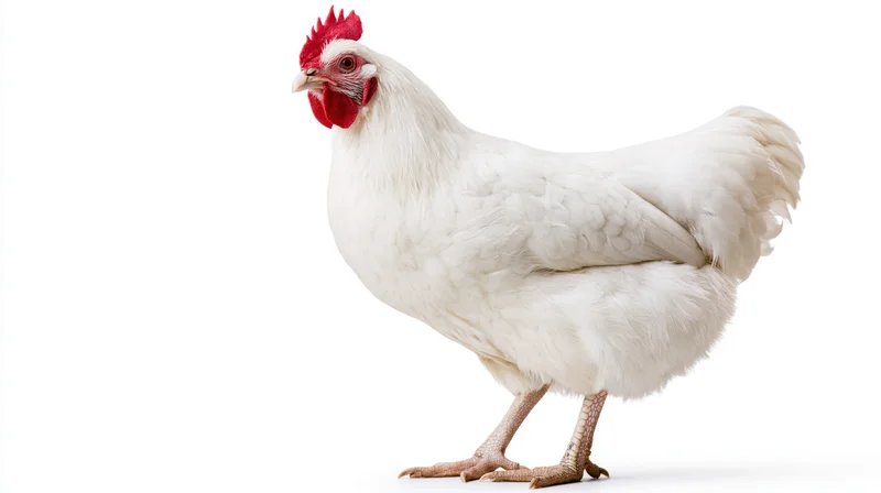 White domestic chicken standing upright facing slightly left on plain white background