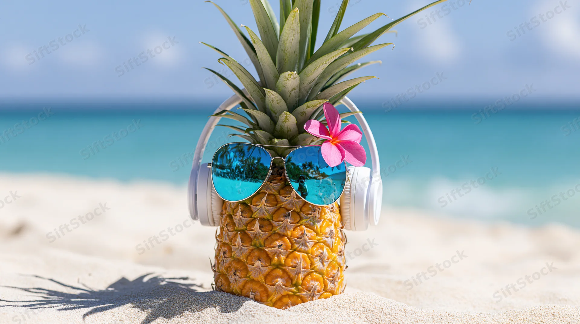 Pineapple wearing sunglasses and headphones on sandy beach with ocean in background