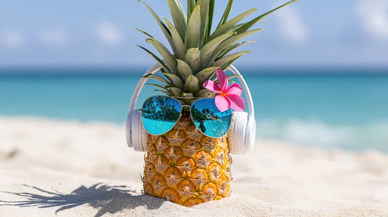 Pineapple wearing sunglasses and headphones on sandy beach with ocean in background