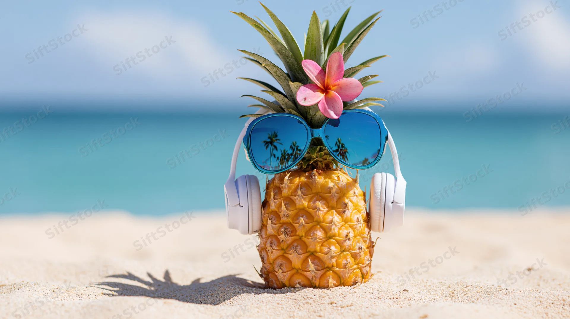 Pineapple wearing sunglasses and headphones on sandy beach with ocean in background