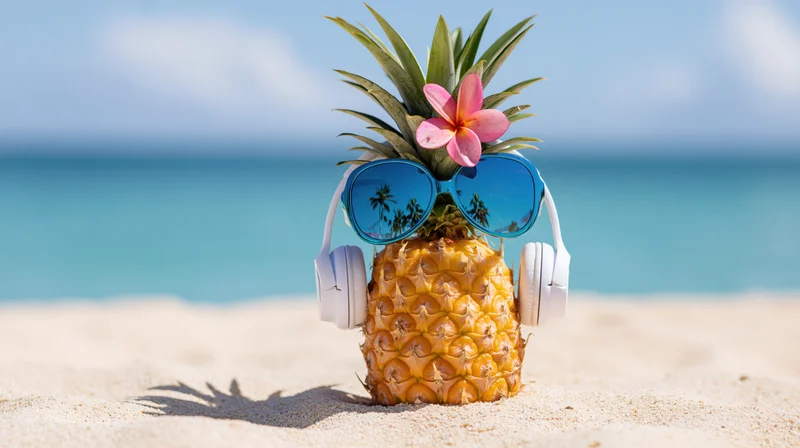 Pineapple wearing sunglasses and headphones on sandy beach with ocean in background