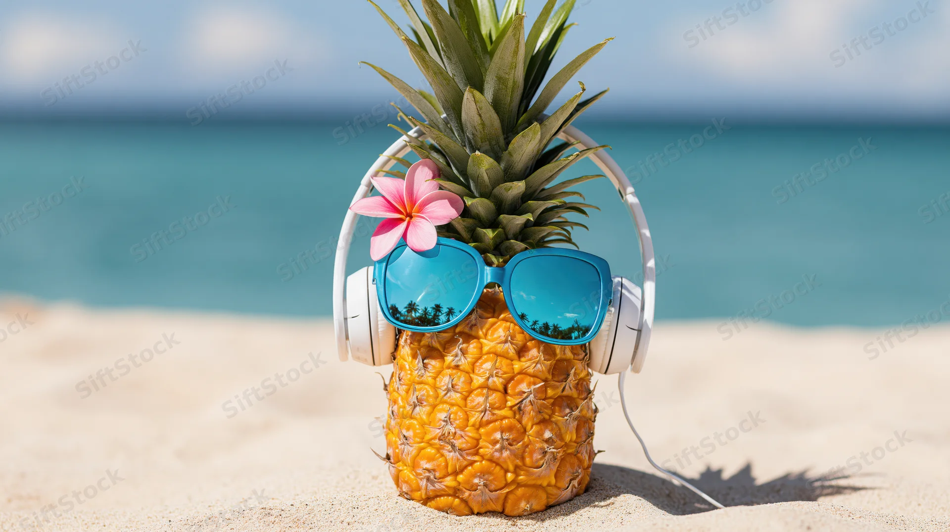 Pineapple wearing sunglasses and headphones on sandy beach with ocean in background