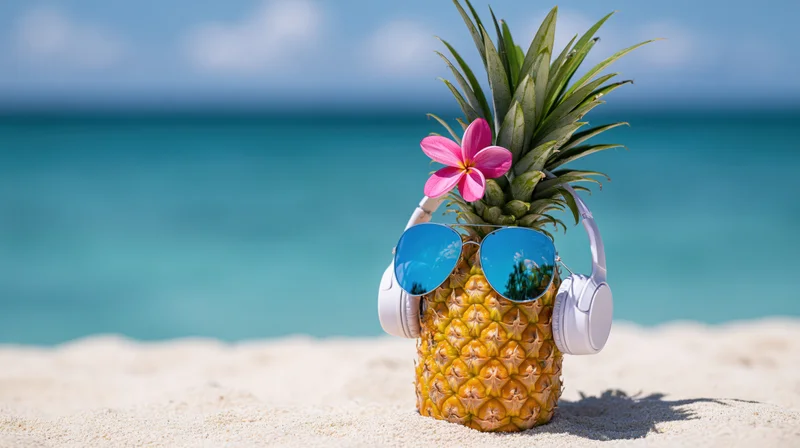 Pineapple wearing sunglasses and headphones on sandy beach with ocean in background