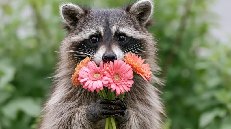 Raccoon holding a small bouquet of pink and orange gerbera flowers in its paws outdoors