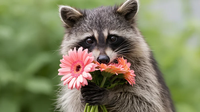 Raccoon holding a small bouquet of pink and orange gerbera flowers in its paws outdoors