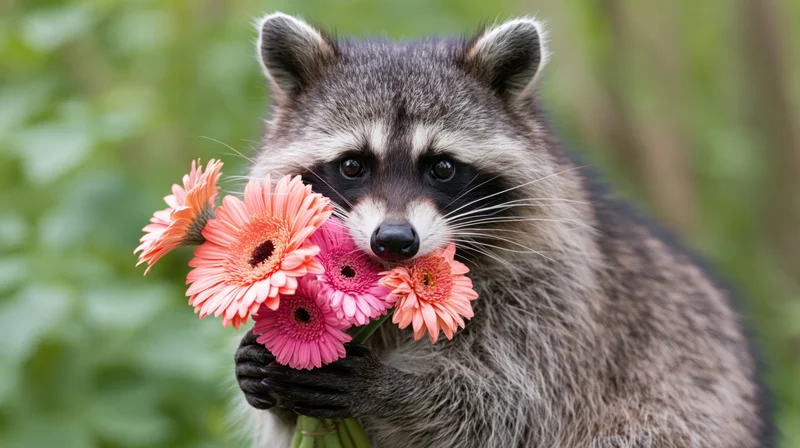 Raccoon holding a bouquet of pink and orange gerbera flowers in a green forest setting