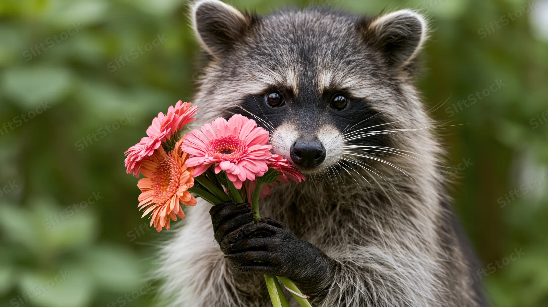 Raccoon holding a small bouquet of pink and orange gerbera flowers in a green forest setting
