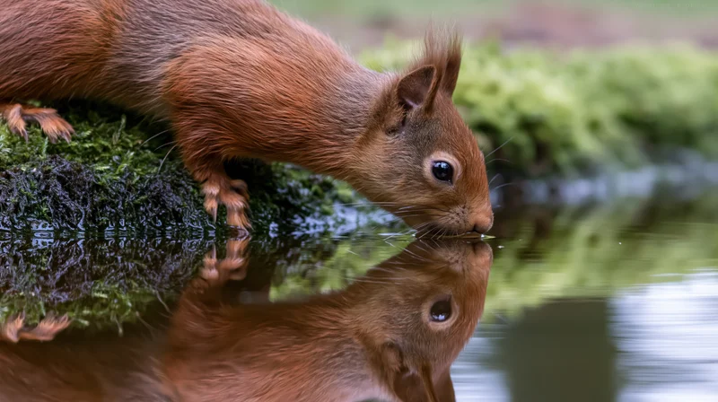 Red squirrel drinking from still water at forest edge, reflection visible in surface