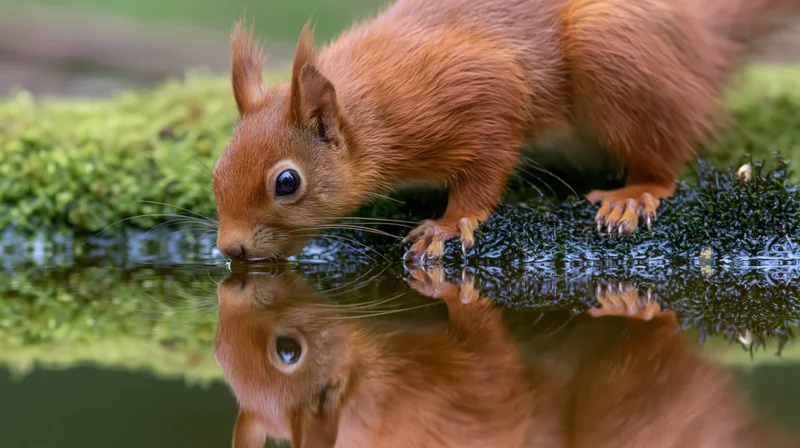 Red squirrel drinking from still water at mossy log edge in forest