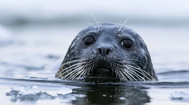 Seal head emerging from icy water with whiskers and dark eyes visible