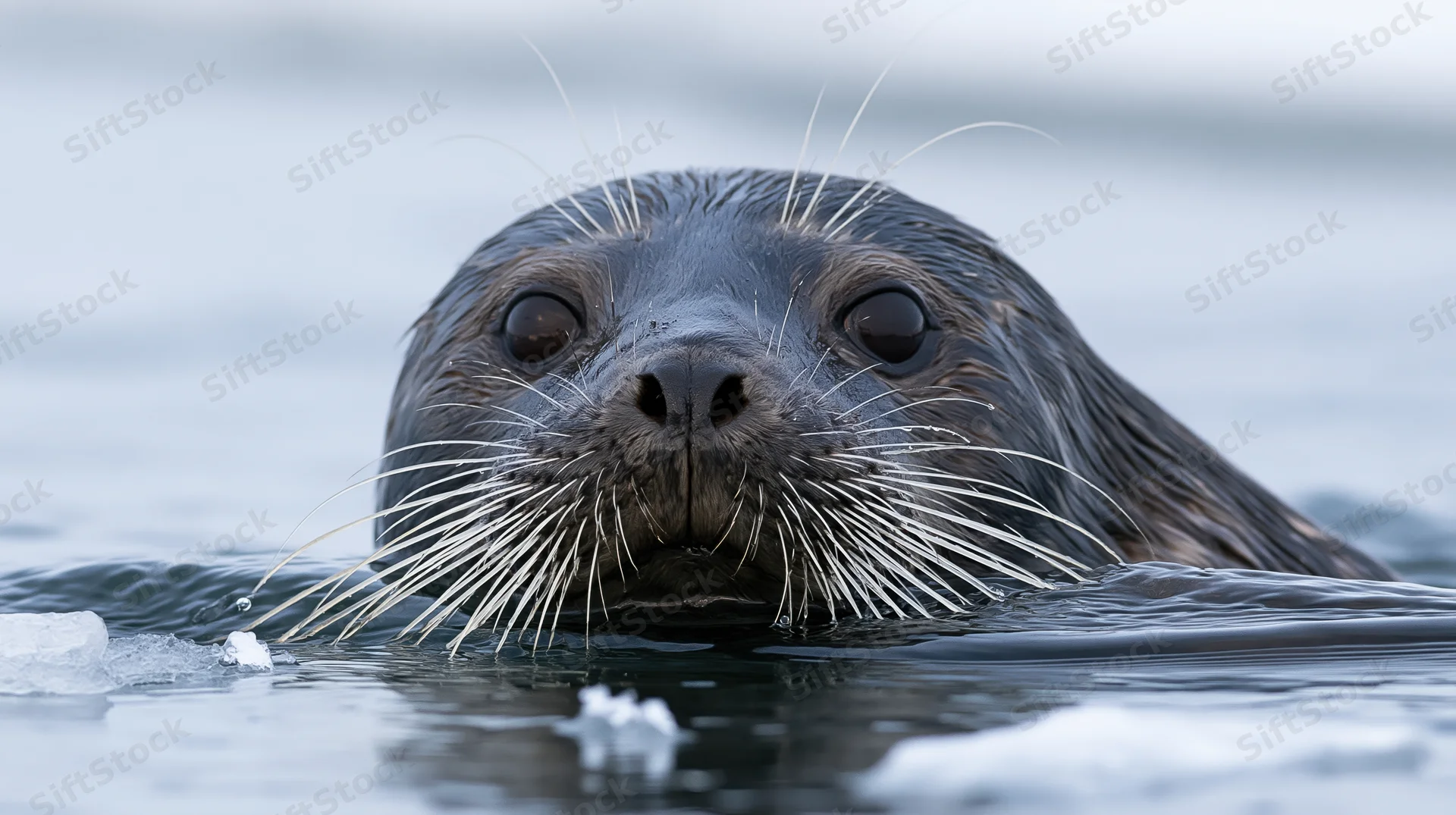 Seal with head above icy water surface in arctic environment