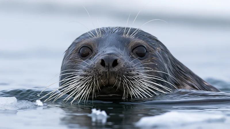 Seal with head above icy water surface in arctic environment
