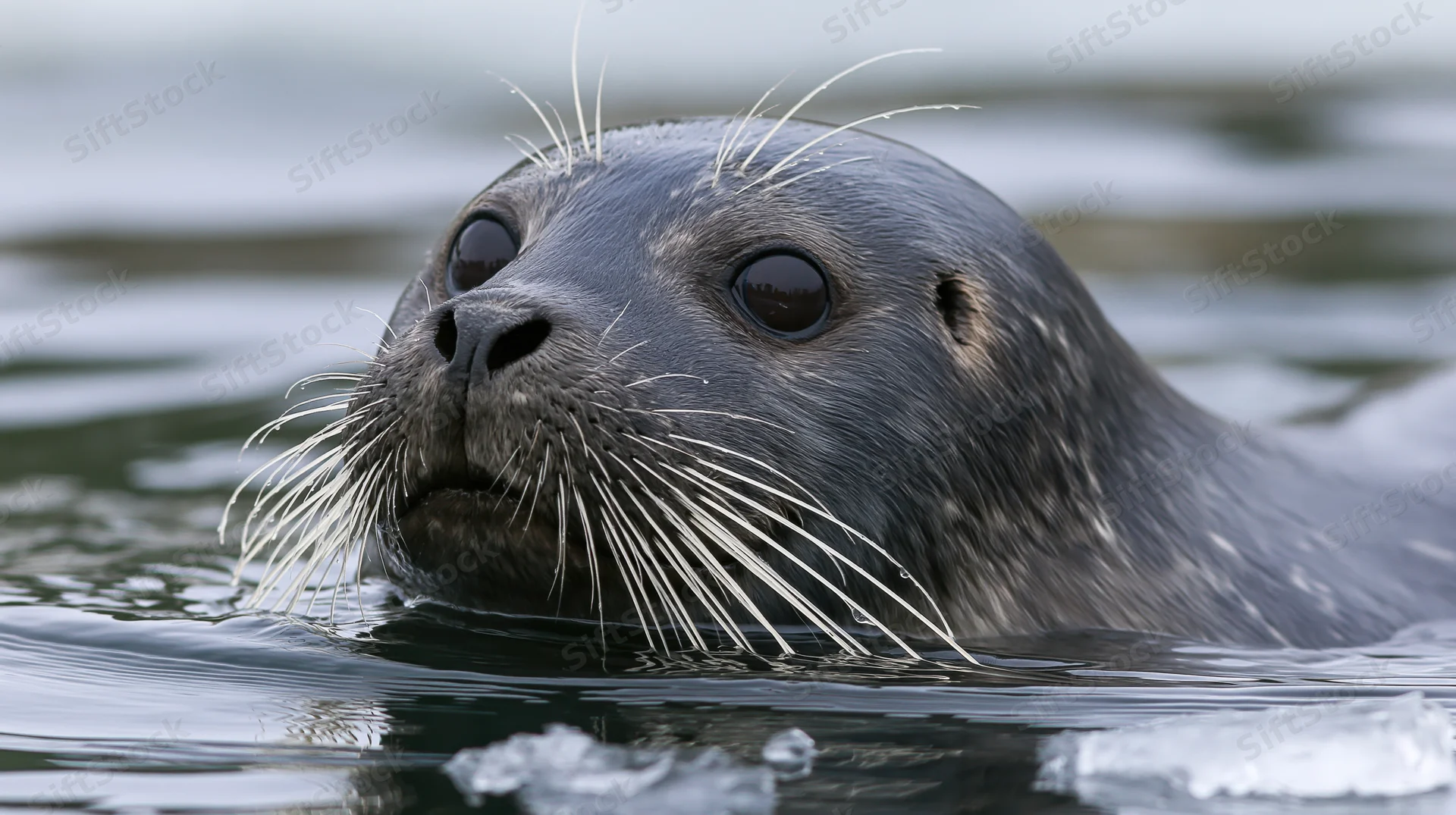 Seal with head above water in icy ocean