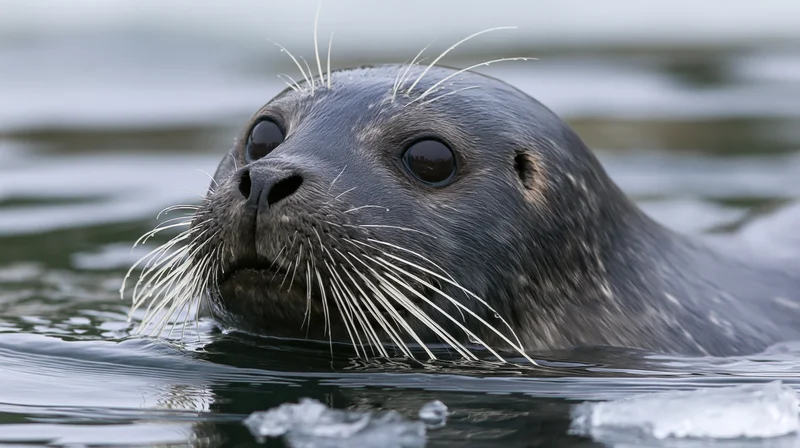 Seal with head above water in icy ocean