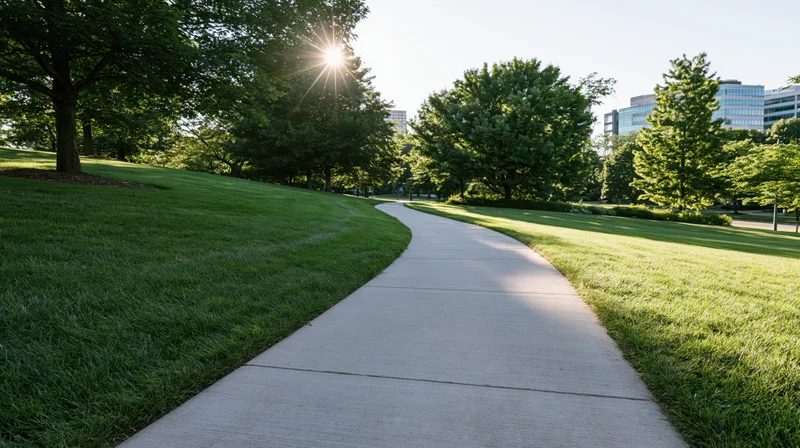 Winding concrete pathway through a green park with trees and city buildings in the background