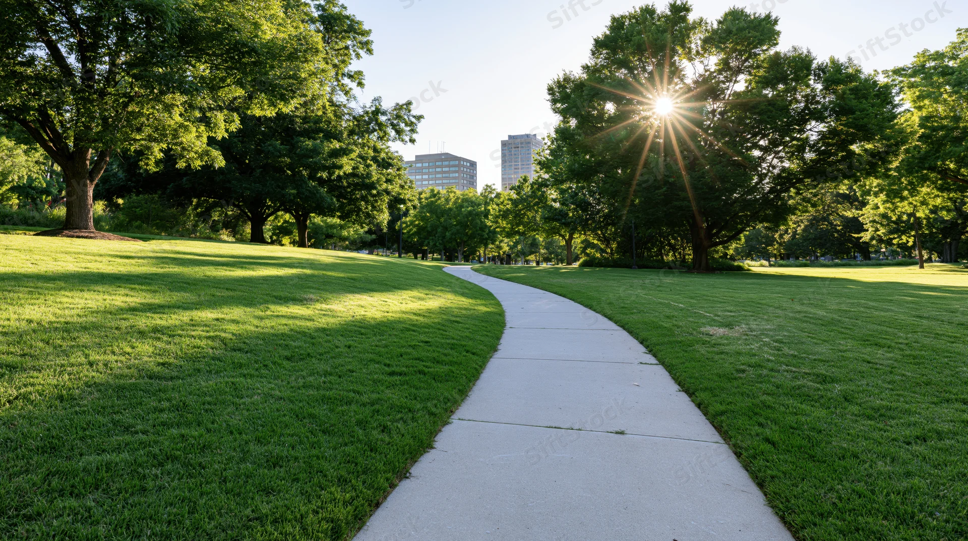 Winding concrete path through grassy park with trees and city skyline in background