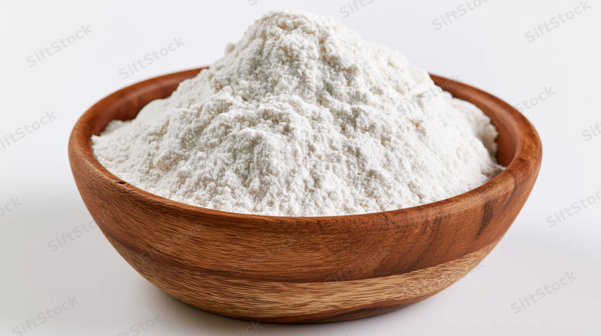 Wooden bowl filled with mounded white flour on plain white surface