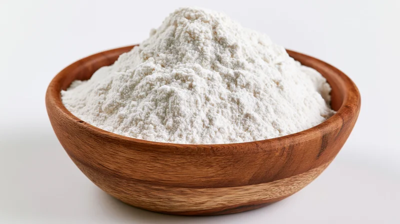 Wooden bowl filled with mounded white flour on plain white surface