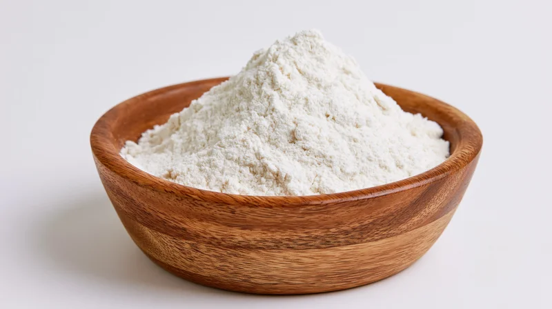 Mound of white flour in a wooden bowl on white background