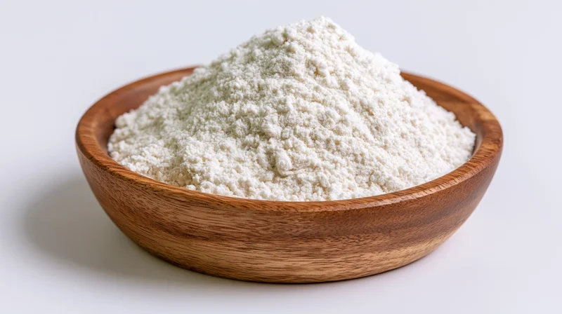 Wooden bowl filled with mounded white flour on plain surface
