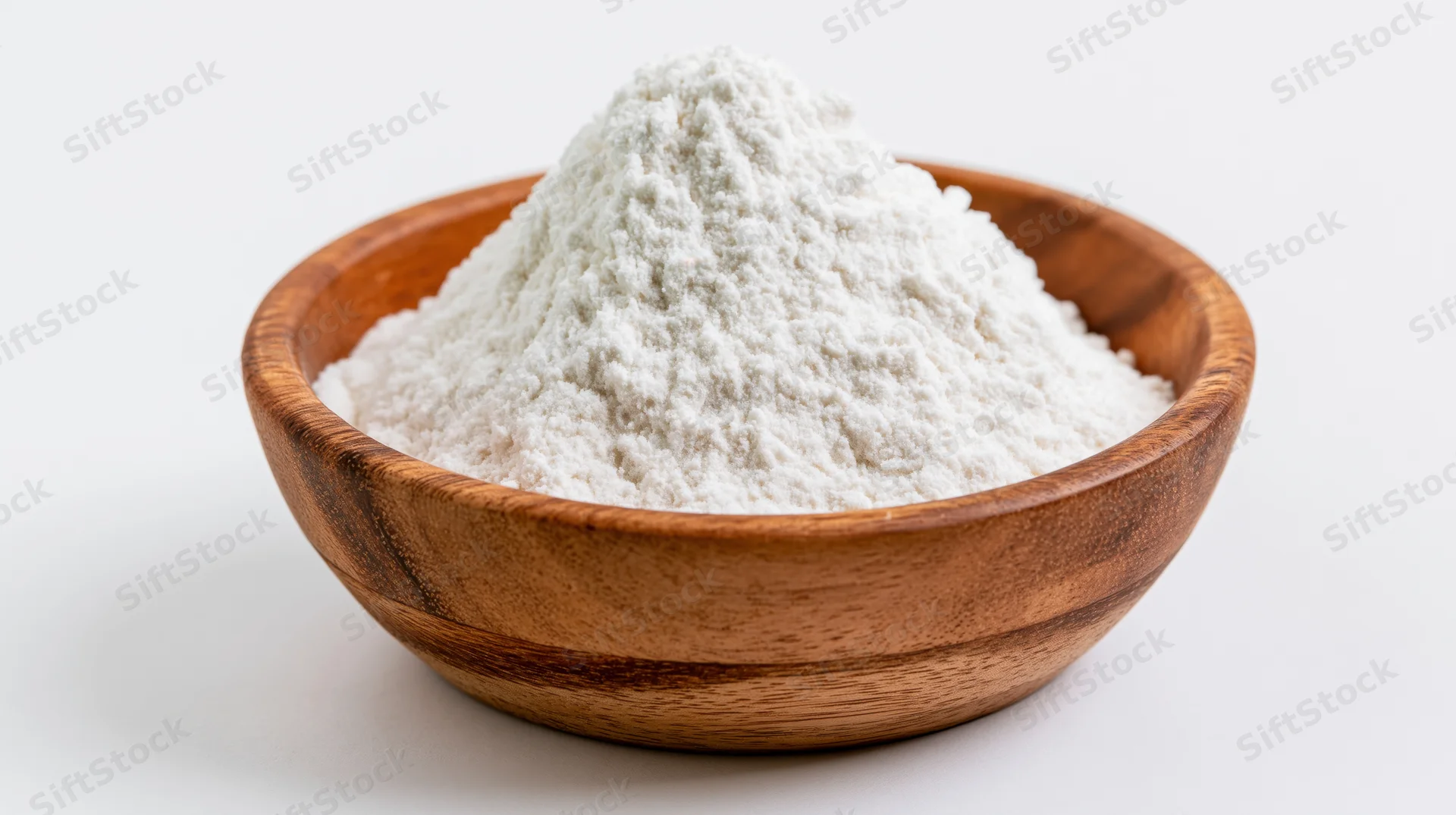 Wooden bowl filled with mounded white flour on plain white surface