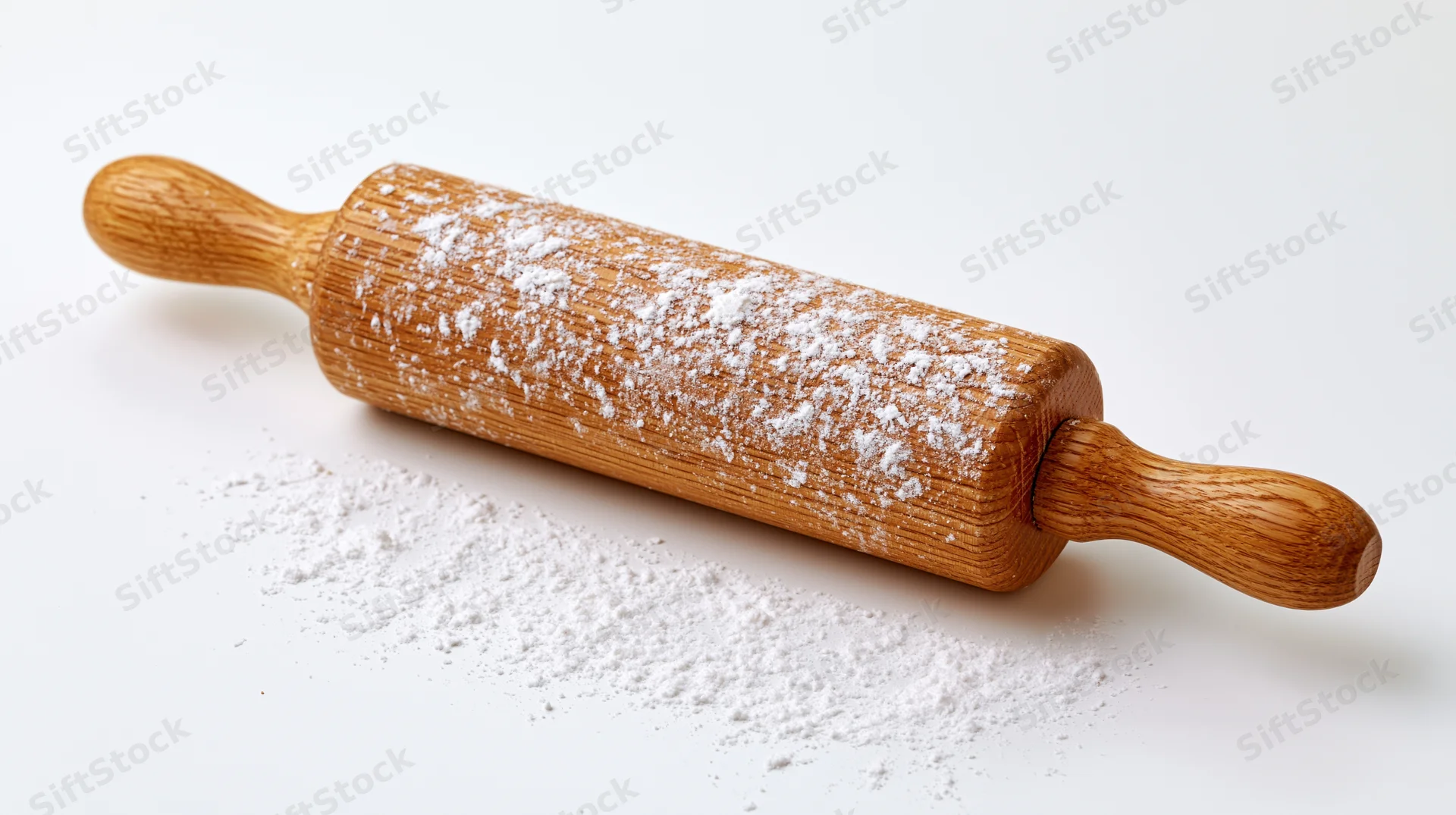 Wooden rolling pin dusted with flour on white surface