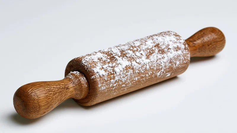 Wooden rolling pin dusted with flour on white background