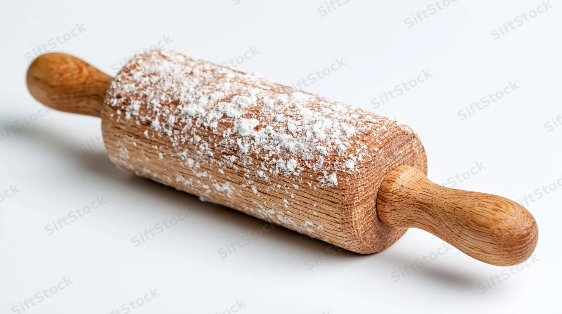 Wooden rolling pin dusted with flour on white background