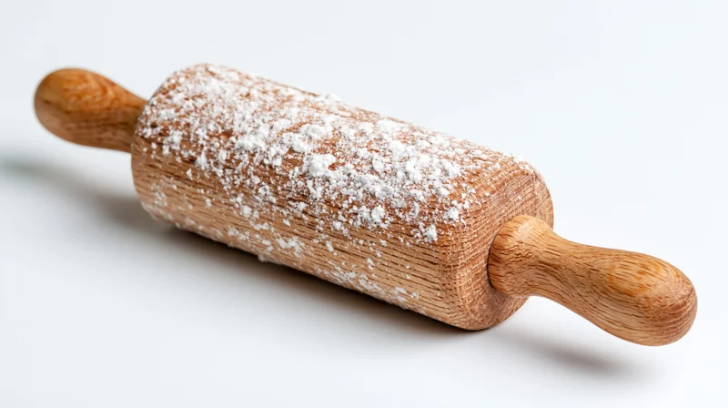 Wooden rolling pin dusted with flour on white background
